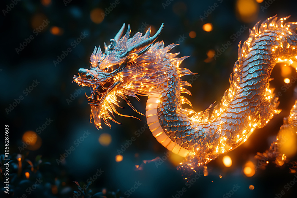 Beautiful luminous traditional chinese dragon glowing in the dark night Beautiful luminous traditional chinese dragon glowing in the dark night