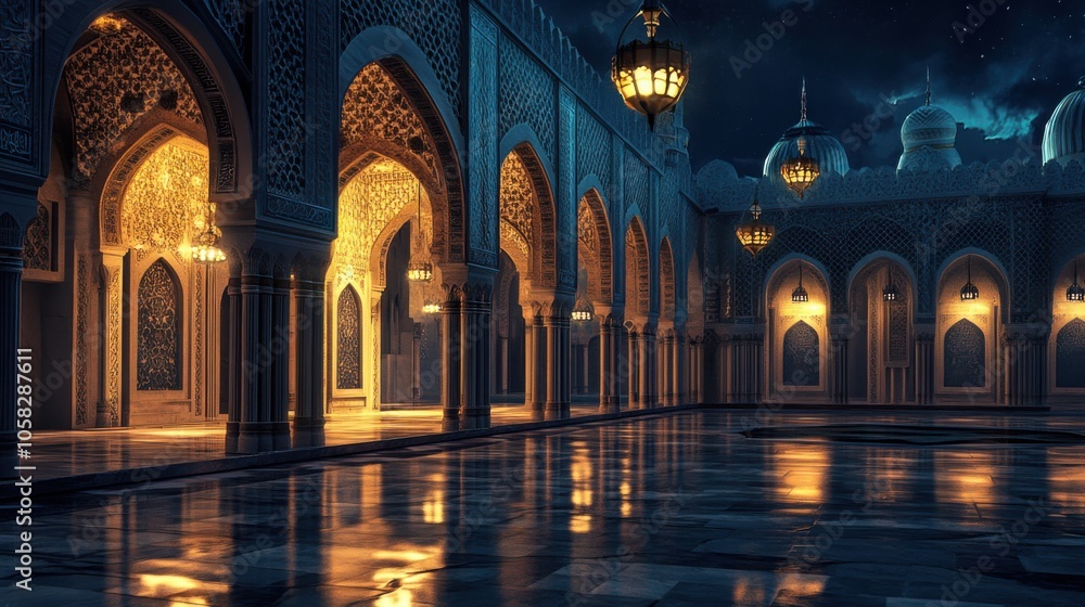 A beautifully lit mosque courtyard at night, with soft lantern A beautifully lit mosque courtyard at night, with soft lantern