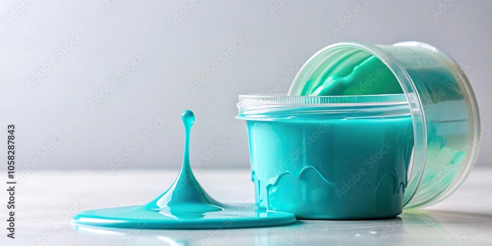 A small amount of cyan slime drips from the edge of a container onto an empty white surface creating a subtle yet striking effect, chemical reaction, beaker, slow movement, dripping liquid, test tube A small amount of cyan slime drips from the edge of a container onto an empty white surface creating a subtle yet striking effect, chemical reaction, beaker, slow movement, dripping liquid, test tube