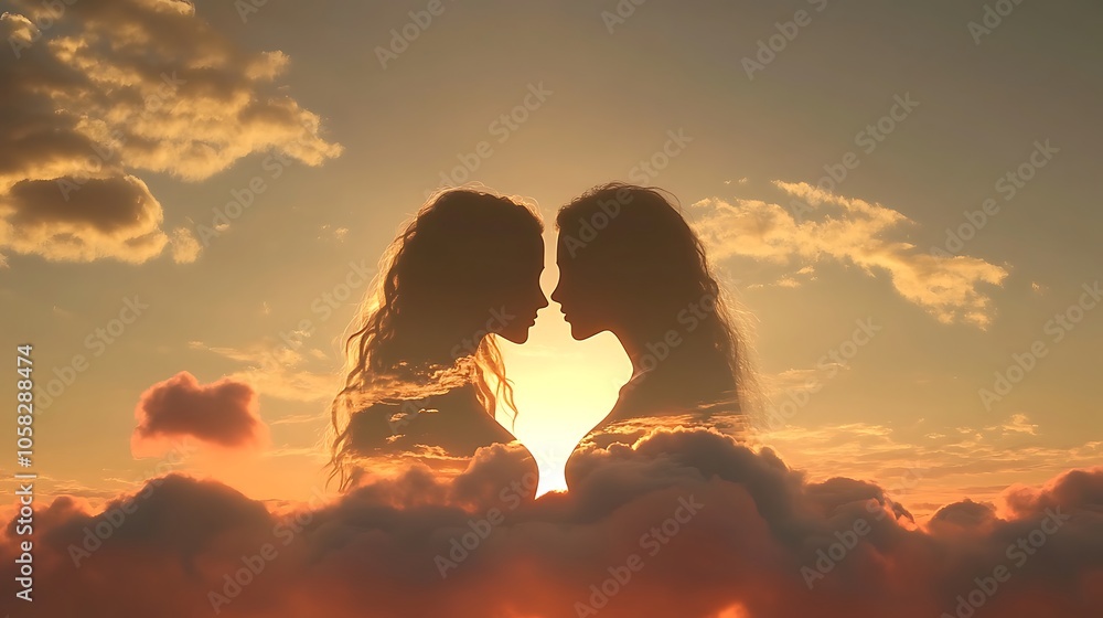 A stunning silhouette of a couple on a cloud, their bodies almost touching as they gaze into each others eyes, the vast expanse of the sky serving as a backdrop to their lovefilled embrace. A stunning silhouette of a couple on a cloud, their bodies almost touching as they gaze into each others eyes, the vast expanse of the sky serving as a backdrop to their lovefilled embrace.