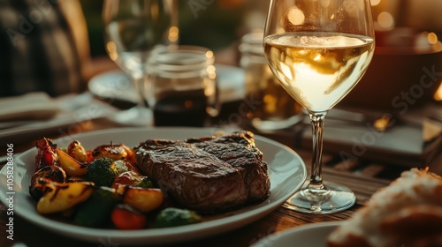 A close-up of a dinner table featuring a steak, roasted vegetables, and a glass of white wine,