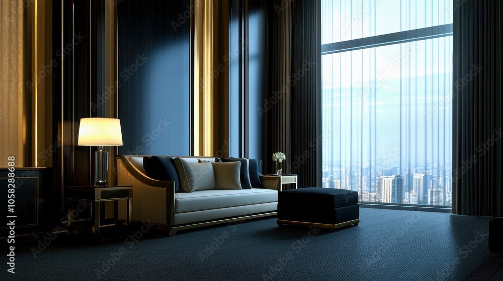Modern living room with stylish furniture and large window showcasing city view. Modern living room with stylish furniture and large window showcasing city view.