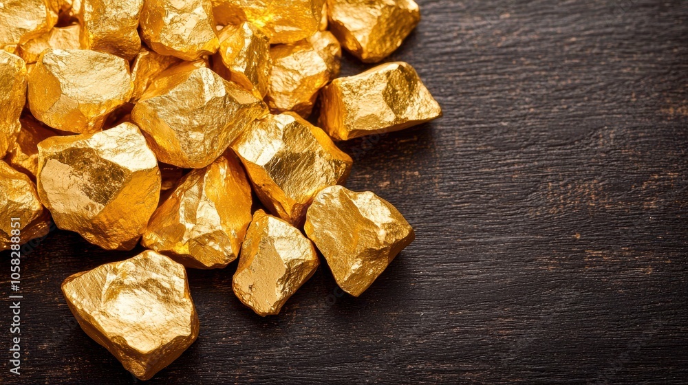 Glittering gold nuggets on a wooden surface highlighting the beauty and value of precious metal. Glittering gold nuggets on a wooden surface highlighting the beauty and value of precious metal.