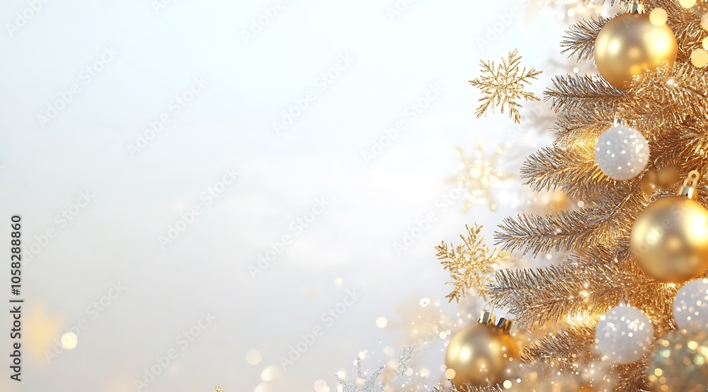 A background of a Christmas tree, golden balls, and stars on the snow in front of it. The colors are beige with gold and white tones A background of a Christmas tree, golden balls, and stars on the snow in front of it. The colors are beige with gold and white tones
