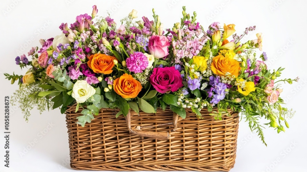 A vibrant floral arrangement in a wicker basket, perfect for decoration or gifting. A vibrant floral arrangement in a wicker basket, perfect for decoration or gifting.
