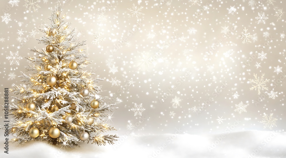 A background of a Christmas tree, golden balls, and stars on the snow in front of it. The colors are beige with gold and white tones A background of a Christmas tree, golden balls, and stars on the snow in front of it. The colors are beige with gold and white tones