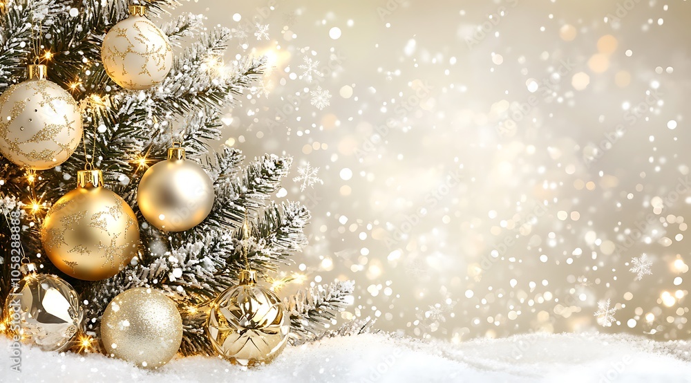 A background of a Christmas tree, golden balls, and stars on the snow in front of it. The colors are beige with gold and white tones A background of a Christmas tree, golden balls, and stars on the snow in front of it. The colors are beige with gold and white tones