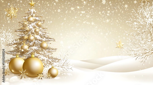 A background of a Christmas tree, golden balls, and stars on the snow in front of it. The colors are beige with gold and white tones