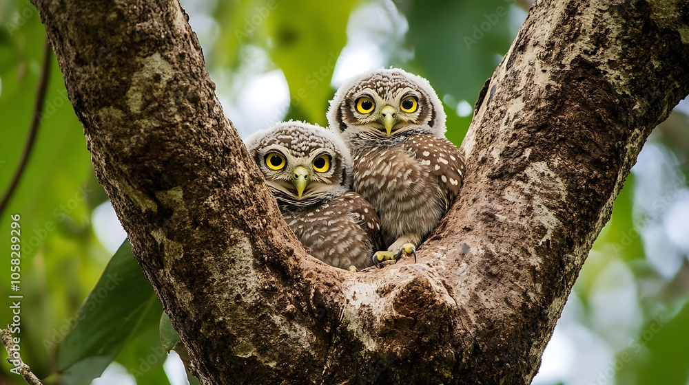 A charming picture of a family of spotted owlets nestled together in a tree hollow, showcasing the unique and amusing behavior of these enchanting birds in a natural setting.