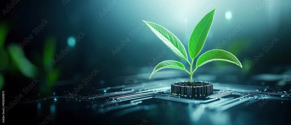 A small green plant emerging from a circuit board, symbolizing the fusion of nature and technology. A small green plant emerging from a circuit board, symbolizing the fusion of nature and technology.