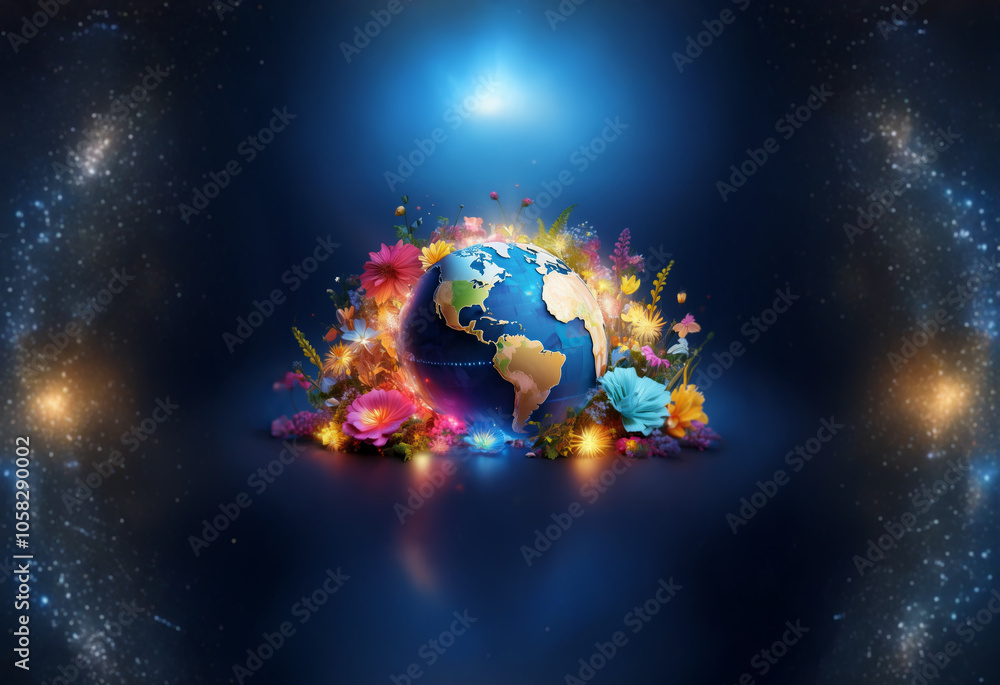 A vibrant earth surrounded by flowers and glowing lights against a dark blue space background with nebulae. A vibrant earth surrounded by flowers and glowing lights against a dark blue space background with nebulae.