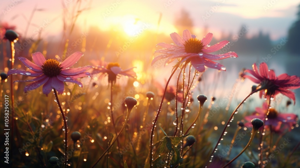 Dew-kissed flowers at sunrise – close-up of fresh morning dew on blooming flowers in a tranquil garden setting
Dew-kissed flowers at sunrise – close-up of fresh morning dew on blooming flowers in a tranquil garden setting