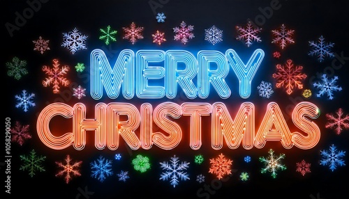 Colorful neon Merry Christmas sign brightens the festive atmosphere this holiday season. Generative AI