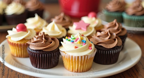 A tray of assorted cupcakes with unique designs