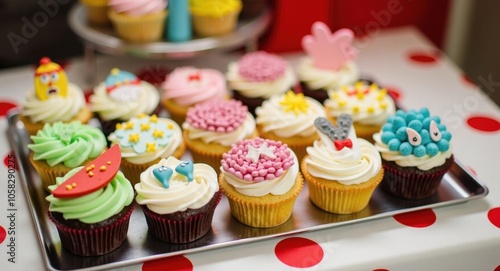 A tray of assorted cupcakes with unique designs