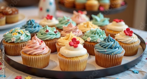 A tray of assorted cupcakes with unique designs