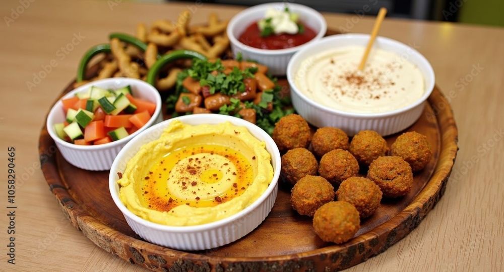 A colorful platter of Middle Eastern mezze with hummus A colorful platter of Middle Eastern mezze with hummus