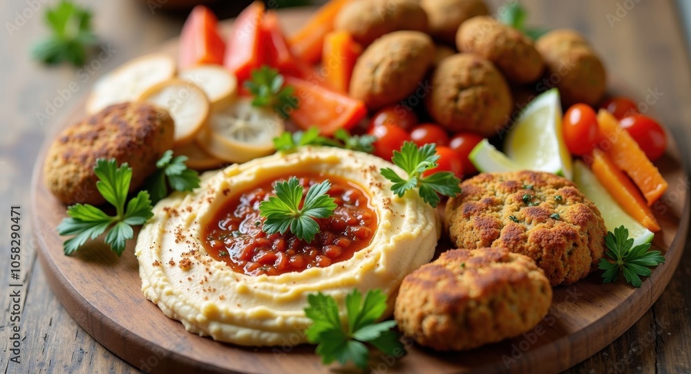 A colorful platter of Middle Eastern mezze with hummus A colorful platter of Middle Eastern mezze with hummus