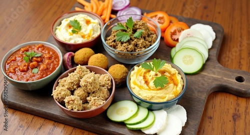 A colorful platter of Middle Eastern mezze with hummus