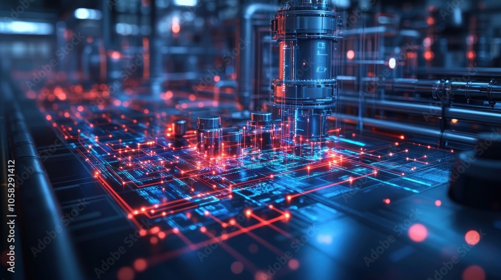 Fototapeta premium Futuristic circuit board with glowing connections and machinery.