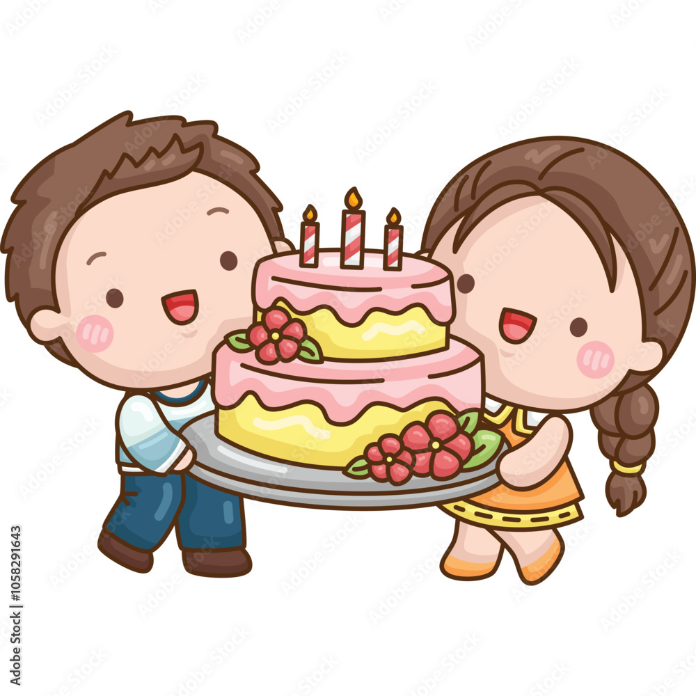 a vector of a couple of kids carrying a huge birthday cake a vector of a couple of kids carrying a huge birthday cake
