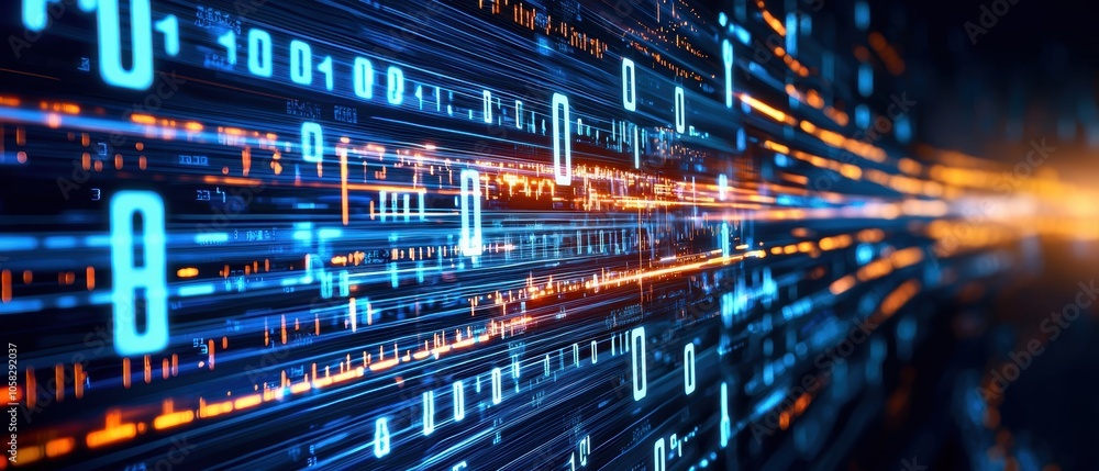 Abstract digital data streams with glowing binary numbers in blue highlights. Abstract digital data streams with glowing binary numbers in blue highlights.