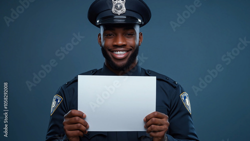 Male police. A person holding a white piece of paper and holding it up in front of body. Can write any character or symbol. Smile, anger, serious expression. photo