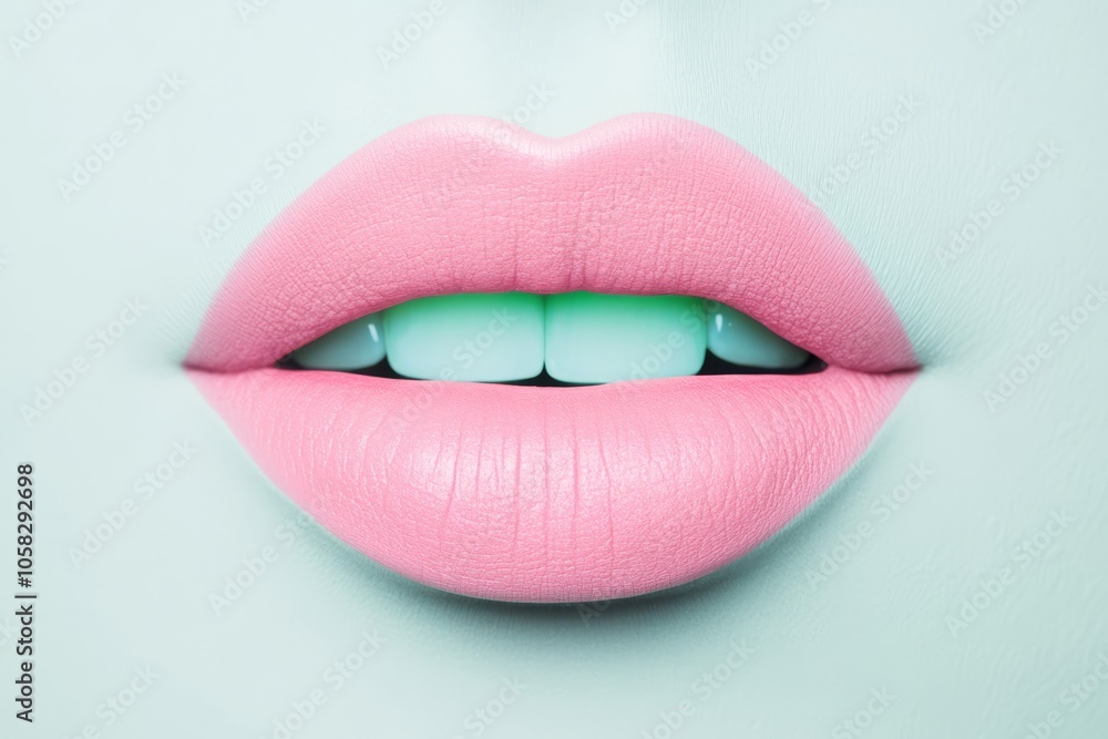 Fototapeta premium Closeup view of delicate rose lips with a natural matte texture, softly licking a pale mint green tongue, with light ivory teeth, set against a muted light gray background for a soft and elegant look