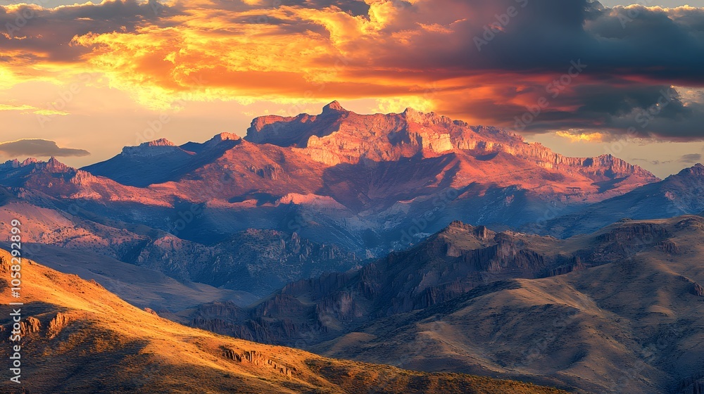 Naklejka premium Beautiful mountainous landscape with the sunset in the background.