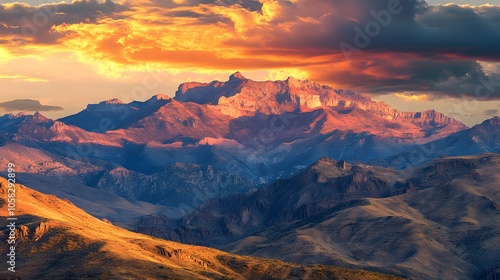 Beautiful mountainous landscape with the sunset in the background. 