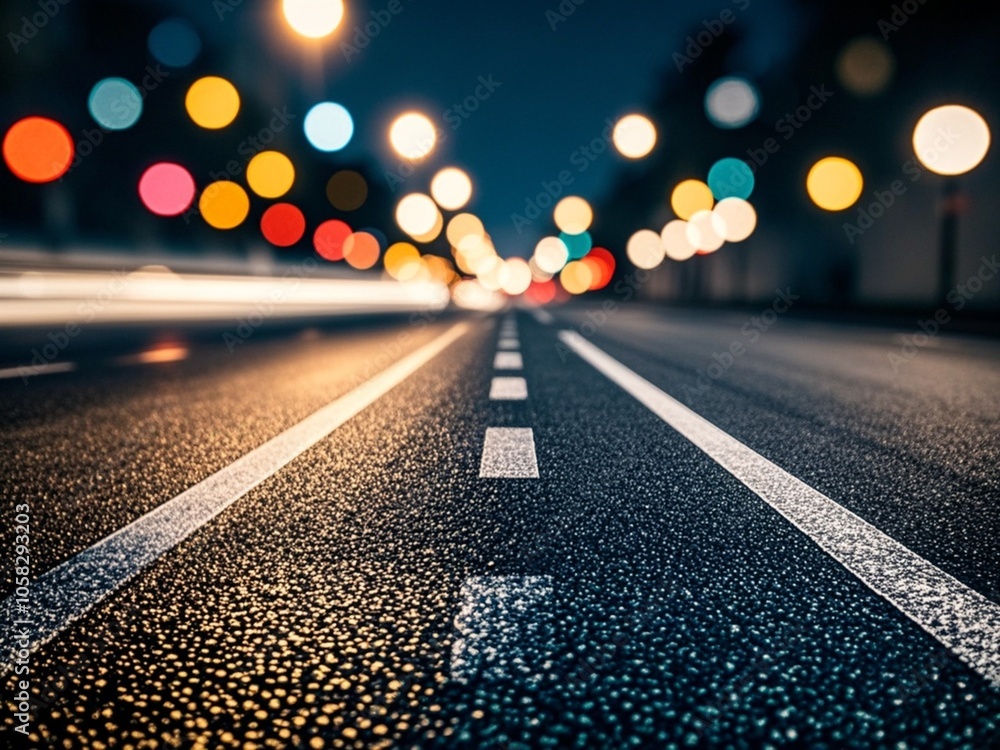 Turning asphalt road with marking lines and reflections with colorful unfocused lights on a background