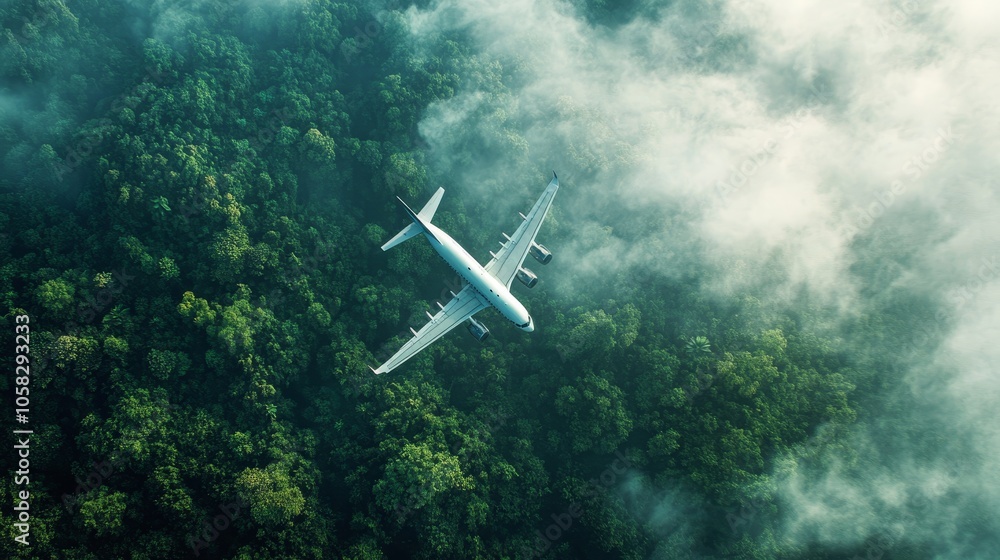 Fototapeta premium Eco friendly aircraft soaring through pristine landscapes, powered by sustainable biofuels