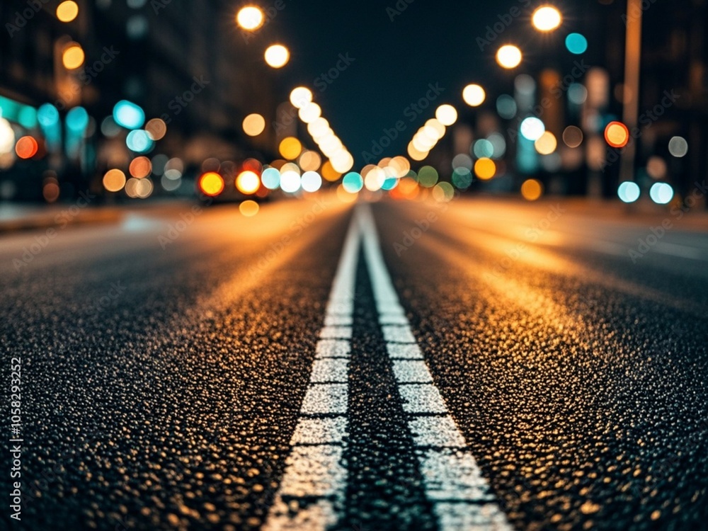 Turning asphalt road with marking lines and reflections with colorful unfocused lights on a background