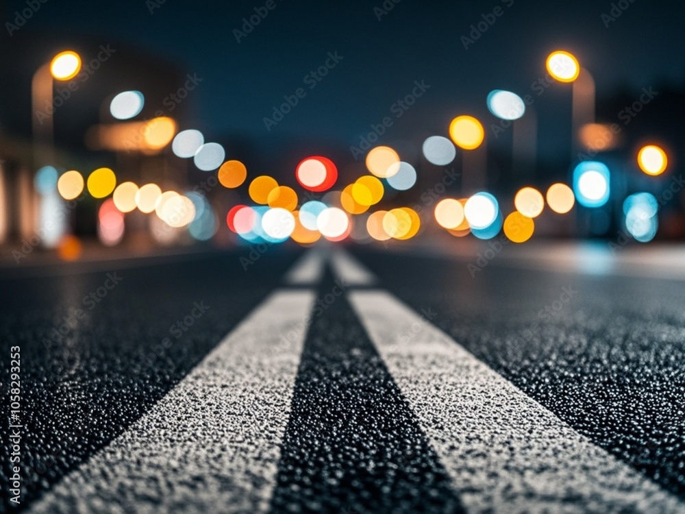 Turning asphalt road with marking lines and reflections with colorful unfocused lights on a background