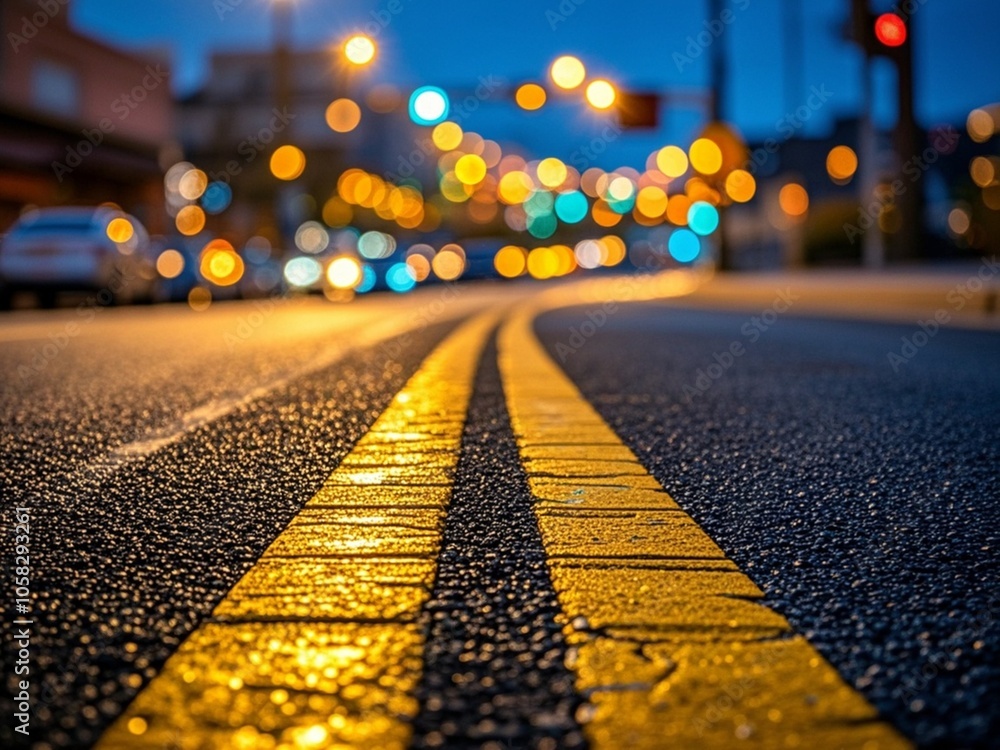 Turning asphalt road with marking lines and reflections with colorful unfocused lights on a background