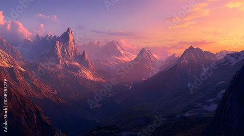 Beautiful mountainous landscape with the sunset in the background. 