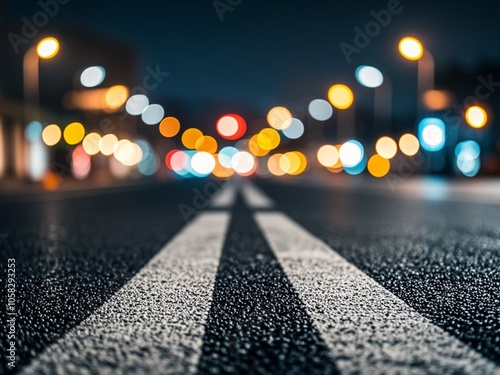 Obraz na płótnie Turning asphalt road with marking lines and reflections with colorful unfocused lights on a background w salonie