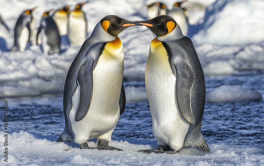 Fototapeta premium Two King Penguins facing each other and touching beaks, with other penguins in the background.