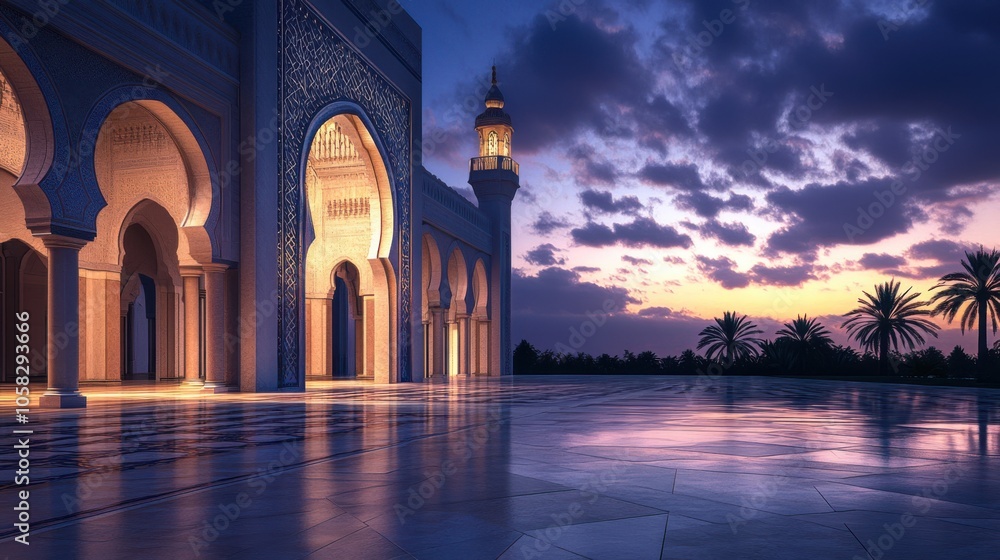 A mosque courtyard at twilight, with the sky transitioning to deep blue and the last A mosque courtyard at twilight, with the sky transitioning to deep blue and the last