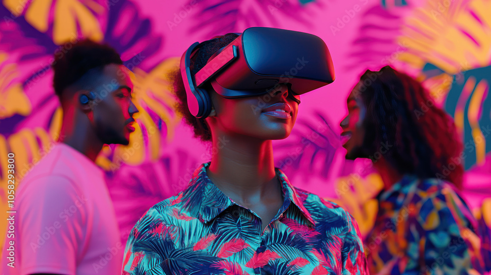 Young girl wearing VR headset, immersed in virtual reality, surrounded by friends. vibrant background enhances lively atmosphere of moment Young girl wearing VR headset, immersed in virtual reality, surrounded by friends. vibrant background enhances lively atmosphere of moment