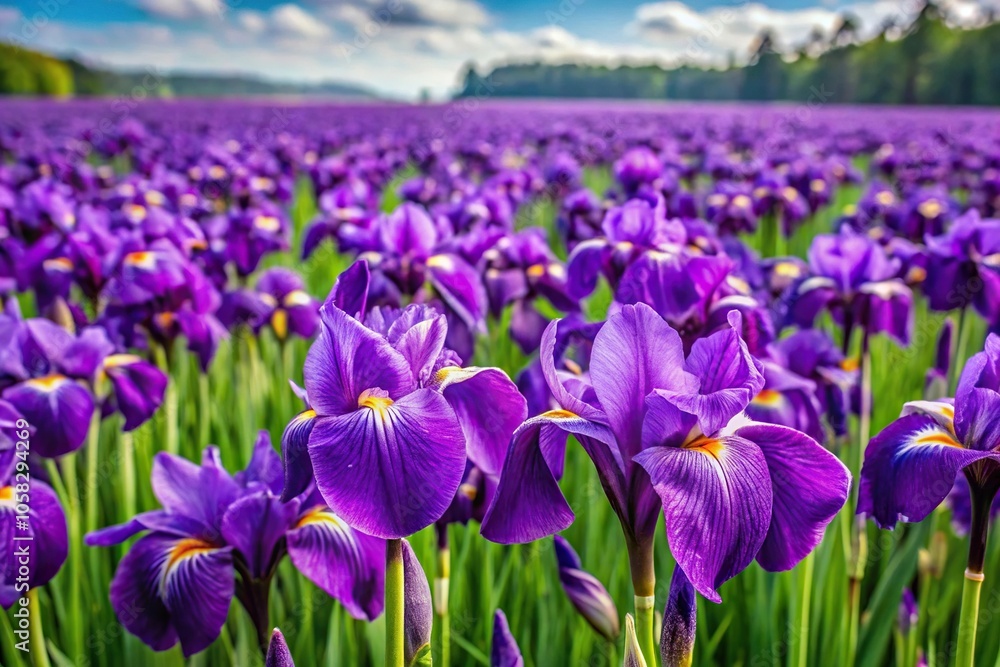 A stunning field of purple irises stretching as far as the eye can see, colorful blooms, purple flowers, nature's beauty, sweeping vistas A stunning field of purple irises stretching as far as the eye can see, colorful blooms, purple flowers, nature's beauty, sweeping vistas