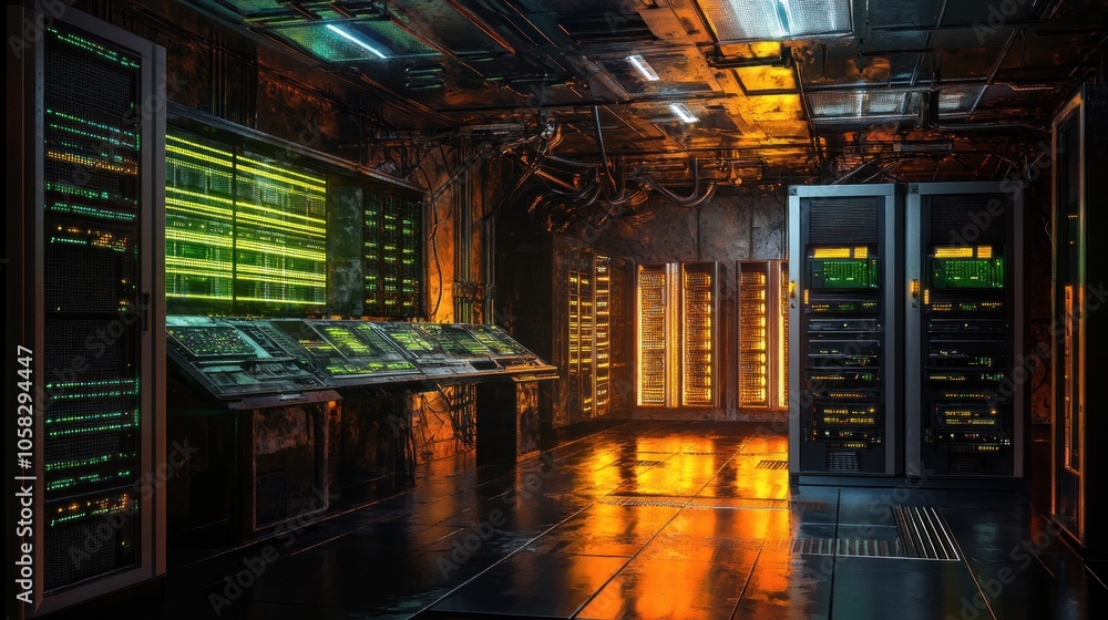 Futuristic server room with glowing panels and high-tech equipment. Futuristic server room with glowing panels and high-tech equipment.