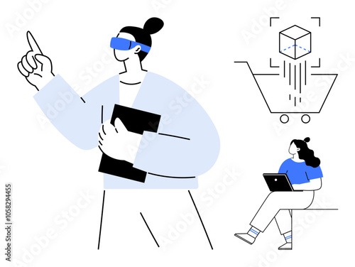 People using VR headset, shopping cart with cube icon, person with laptop. Ideal for technology, virtual reality, online shopping, innovation, e-commerce, work-from-home, and remote learning themes