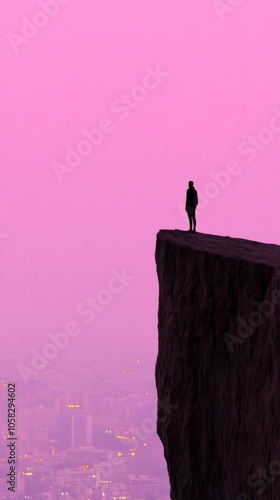 A person standing on the edge of a cliff and looking at a modern city with tall buildings and neon lights.