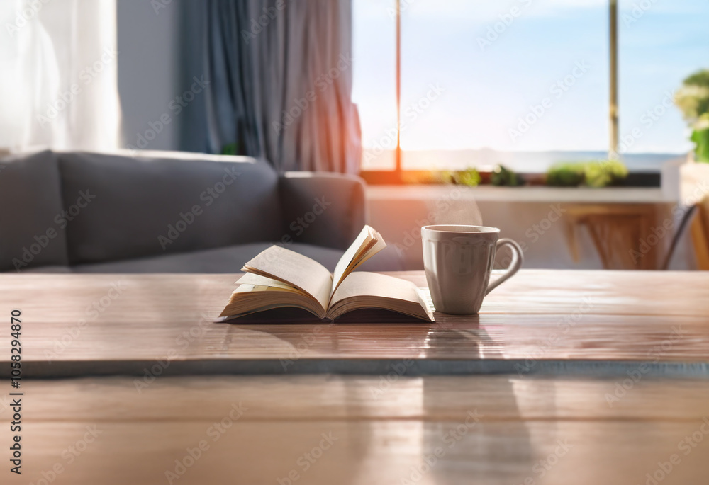Fototapeta premium A coffee cup and an open book rest on a wooden table, a window with a view of the outdoors in the background.