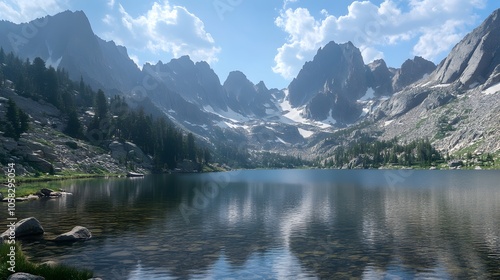 Mountain Lake Surrounded by Rugged Peaks and Snow