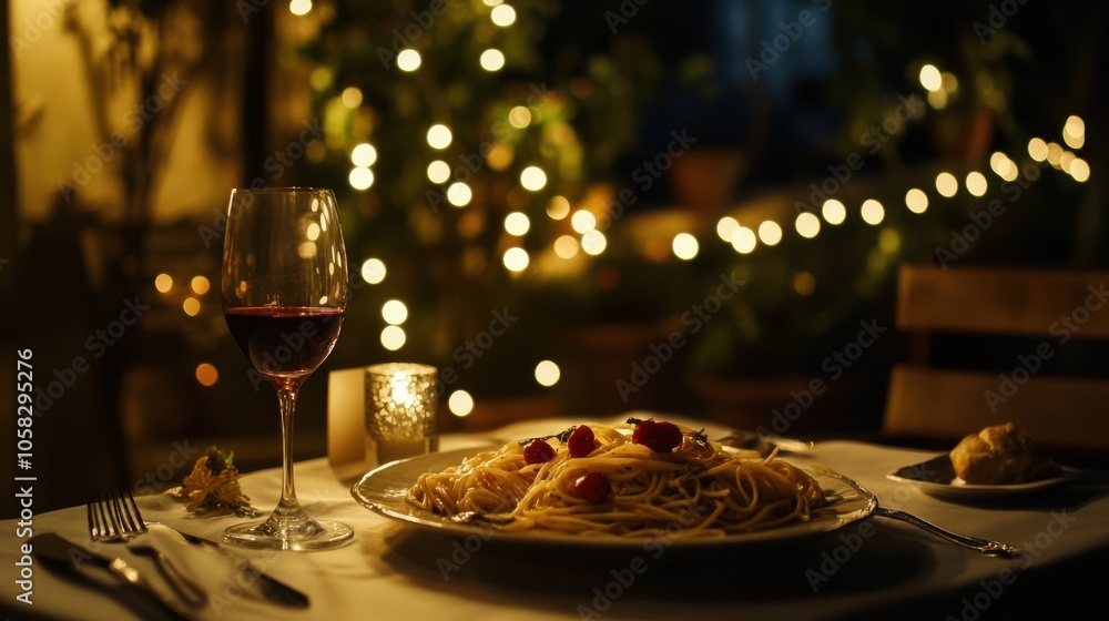 A romantic table setting with pasta, a glass of wine, and the glow of twilight light adding A romantic table setting with pasta, a glass of wine, and the glow of twilight light adding