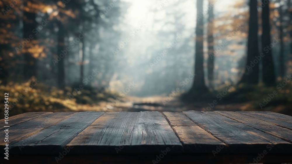 Rustic Wooden Table with Blurred Forest Background Rustic Wooden Table with Blurred Forest Background