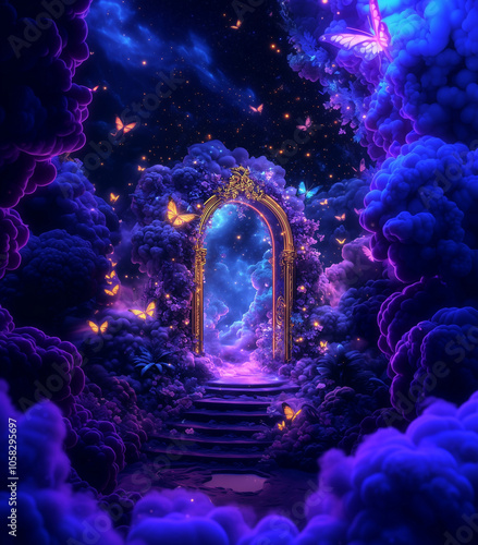 Ornate Golden Archway Surrounded by Purple Flowers and Butterflies, Mystical Gateway to a Fantasy Realm with Sparkling Stars