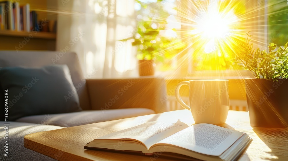 A bright morning in a cozy living room with a book and coffee on the table A bright morning in a cozy living room with a book and coffee on the table
